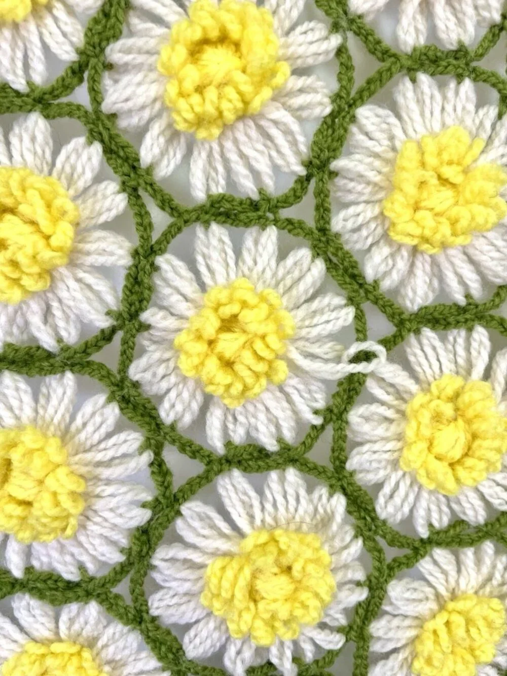 Vintage Handmade Daisy Crochet Afghan Blanket Floral Yellow Green Retro MCM